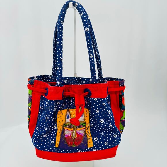 Laurel Burch Canvas Drawstring Tote Bag Purse Red Blue Cats Beaded Vintage - Picture 2 of 9